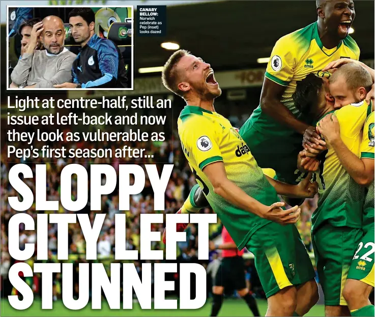  ??  ?? CANARY BELLOW: Norwich celebrate as Pep (inset) looks dazed