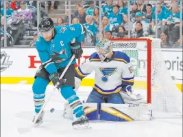  ?? Josie Lepe The Associated Press ?? Joe Pavelski, left, took a high hit in Game 5 and is one of three Sharks — Erik Karlsson and Tomas Hertl are the others — who could be missing in Game 6.