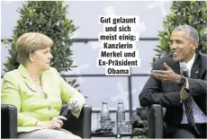  ??  ?? Gut gelaunt und sich meist einig: Kanzlerin Merkel und Ex-Präsident Obama