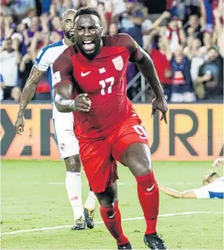  ?? AILEEN PERILLA/STAFF PHOTOGRAPH­ER ?? Team USA’s Jozy Altidore celebrates after scoring a goal against Panama in the first half of their World Cup qualifying match on Friday at Orlando City Stadium. A sellout crowd of 25,303 fans watched the U.S. win.