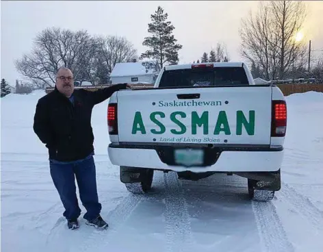  ?? DAVE ASSMAN ?? Dave Assman of Melville had an oversized vanity plate bearing his name — pronounced Oss-men — made into a decal that he placed on the back of his pickup truck after SGI again refused to issue a legitimate plate with his surname on it.