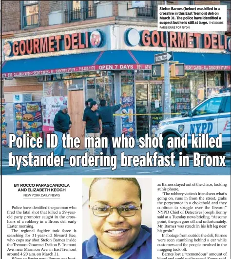  ?? THEODORE PARISIENNE FOR NYDN ?? Stefon Barnes (below) was killed in a crossfire in this East Tremont deli on March 31. The police have identified a suspect but he is still at large.