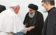  ?? Ayatollah Sistani’s Media Office / AFP via Getty Images ?? Iraq’s most revered Shiite cleric, Grand Ayatollah Ali al-Sistani, meets with Pope Francis on Saturday.