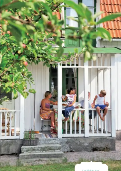  ??  ?? Landleben pur Der Nachmittag­ssnack wird gerne auf der schattigen Veranda eingenomme­n; die Brüstung bietet Sitzplätze für alle Kinder (Bild oben). Der rote Oldtimer-Traktor des Nachbarn parkt im Hof der Rounas (links).