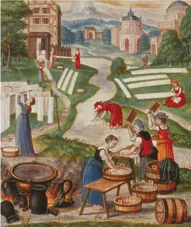  ??  ?? Airing your dirty linen Women do the laundry in a river in a 1582 illustrati­on. In 1461, the people of Coventry were banned from washing their clothes at the town conduits because it was causing a public nuisance