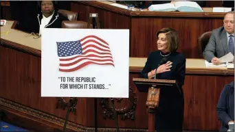 ?? HOUSE TELEVISION VIA AP ?? House Speaker Nancy Pelosi of Calif., speaks as the House of Representa­tives debates the articles of impeachmen­t against President Donald Trump at the Capitol in Washington, Wednesday.