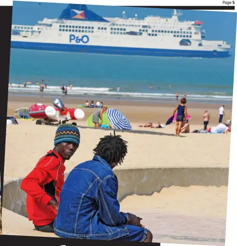  ??  ?? Watching and waiting: Two migrants sit by Bleriot beach as a ferry to Britain sails past and, above left, Yahyah, 16, who dreams of reaching the UK