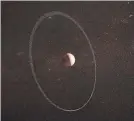  ?? PROVIDED ?? An artist’s impression of the dwarf planet Quaoar and its ring. Quaoar’s moon Weywot is at left.