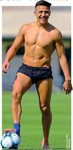  ??  ?? Naked ambition: Arsene Wenger described Alexis Sanchez’s ankle injury as ‘terrible’ at the weekend but the striker was all smiles at Chile training yesterday