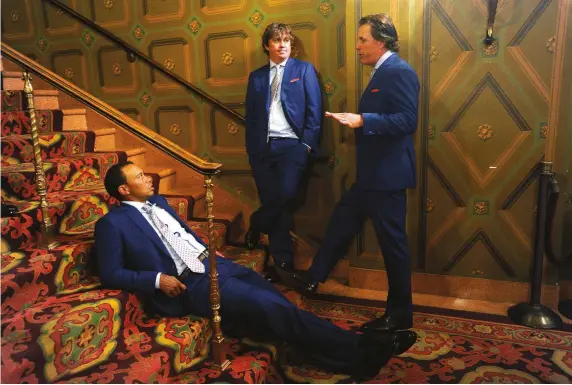  ??  ?? Tiger Woods, Jason Dufner and Phil Mickelson
[l to r, above] back-stage at 2013 Presidents Cup. [Below] Woods on the Payne’s Valley course, Big Cedar Lodge, with Johnny Morris [left] and J.P. Morris [right]