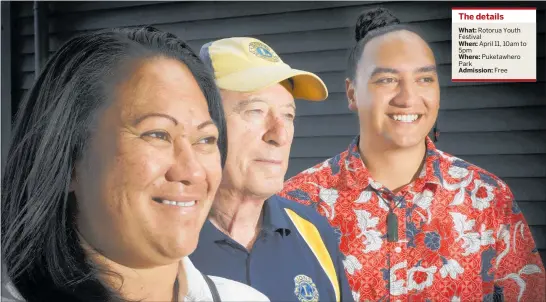  ?? PHOTO / ANDREW WARNER ?? Rotorua Youth Festival co-ordinator Veena Kameta, Rotorua East Lions Club president Brian Halligan and MC Hone Morris.