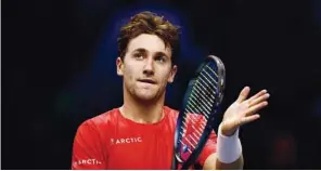  ?? (Reuters) ?? Norway’s Casper Ruud celebrates after winning his group stage match against Felix Auger-Aliassime of Canada on day one of the ATP Finals in Turin, Italy, yesterday.