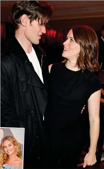  ??  ?? CLOSE: Matt Smith and Claire Foy at the opening night of their play Lungs. The actors played the british Queen and Prince Philip in The Crown. Below left: Smith and James last year