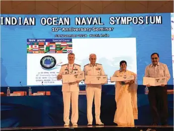  ?? PHOTOGRAPH: Indian Navy ?? Release of First Day cover by Admiral Sunil Lanba, Chief of the Naval Staff