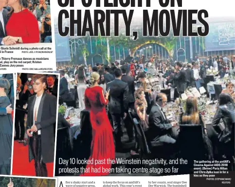  ?? PHOTOS: STEPHANE MAHE/ REUTERS ?? The gathering at the amfAR's Cinema Against AIDS 2018 event; (Below) Paris Hilton and Chris Zylka lean in for a kiss as they pose