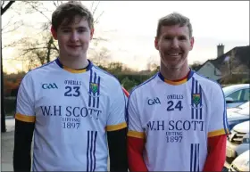  ??  ?? Jonathan ‘Bosco’ O’Neill Junior with his father Jonathan ‘Bosco’ O’Neill Senior after the Kehoe Cup clash between Wicklow and Louth in Darver last Sunday.