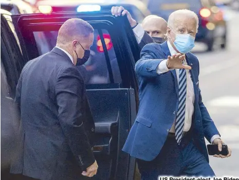  ?? AP ?? US President-elect Joe Biden arrives at The Queen theater in Wilmington, Delaware on Thursday.