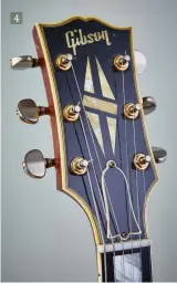  ??  ?? 4 4. 1959 Gibson ES355TD multiple-ply bound headstock showing 5-piece split diamond pearl inlay, ‘bell’ truss rod cover and Grover Rotomatic tuners