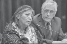  ?? CP PHOTO ?? Mohawk elder Sedalia Fazio makes her opening statement as Jacques Viens, head of Quebec’s Indigenous inquiry, looks on before the start of proceeding­s Monday in Montreal.