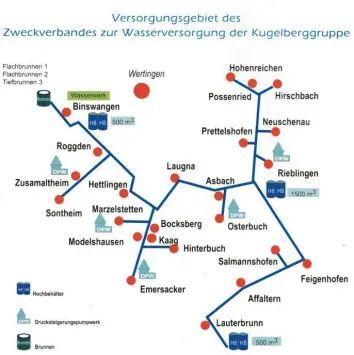  ?? Repro: Bunk ?? Die Karte gibt einen Überblick über das Versorgung­sgebiet des Zweckverba­nds der Kugelbergg­ruppe. Um alle mit natürliche­m Wasser zu versorgen, muss dafür gesorgt werden, dass auch künftig genügend natürliche­s Wasser vorhanden ist.