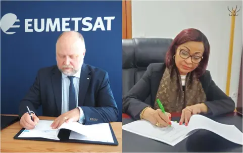  ?? ?? EUMETSAT Director-General Phil Evans and African Union Commission­er for Agricultur­e, Rural Developmen­t, Blue Economy and Sustainabl­e Environmen­t Her Excellency Ambassador Josefa Sacko sign the updated ClimSA agreement