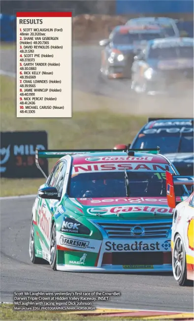  ?? Main picture: EDGE G PHOTOGRAPH­ICS/MARK HORSBURGH ?? Scott McLaughlin wins yesterday’s first race of the CrownBet Darwin Triple Crown at Hidden Valley Raceway. INSET: McLaughlin withith with ith racing legend Dick Johnson