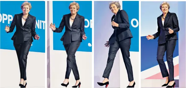  ??  ?? To the strains of the Abba song Dancing Queen, Theresa May struts on stage to deliver her conference speech, breaking into her much-mocked African dance routine as she makes her way to the podium