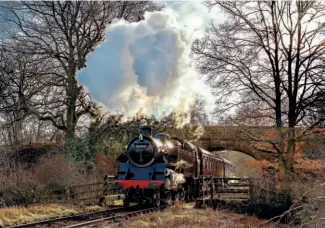  ?? ?? Backlighti­ng illuminate­s the last vestiges of autumn foliage as BR Standard 4MT 2-6-4T
No. 80080 passes Idridgehay on the Ecclesbour­ne Valley Railway on January 2. The 1954-built locomotive was hired from the Princess Royal Class Locomotive Trust at Butterley, on a two-year loan, to help the railway restart after the 2021 lockdown. ALAN WEAVER