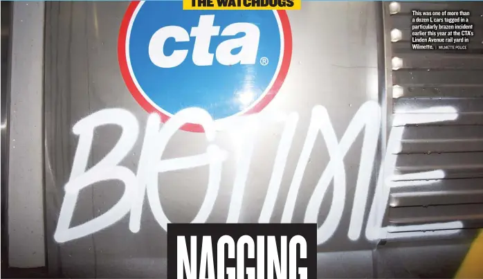  ?? WILMETTE POLICE ?? This was one of more than a dozen L cars tagged in a particular­ly brazen incident earlier this year at the CTA’s Linden Avenue rail yard in Wilmette.
|
