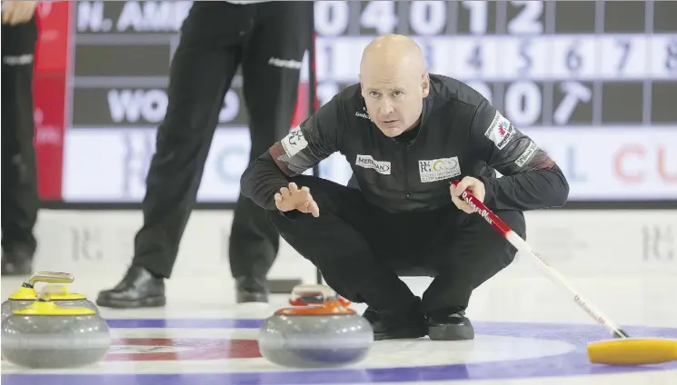  ?? MIKE HENSEN ?? Canadian Olympic skip Kevin Koe suffered a loss to Bruce Mouat of Great Britain at the Meridian Canada Cup in Camrose on Wednesday.