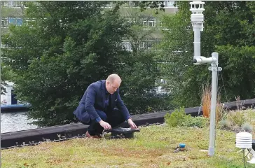  ?? Associated Press photo ?? Joris Voeten inspects the rooftop garden he helped develop in Amsterdam. Voeten, an urban engineer in Amsterdam, has unveiled a new kind of rooftop garden that he says can store more water than existing roofs and feed it to plants growing on shallow...