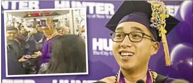  ??  ?? Jerich Alcantara on stalled E train (inset) that didn’t arrive in time for his Hunter College graduation, and the nursing student above at his own private diploma ceremony on Thursday.