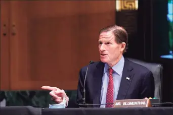  ?? Sarah Silbiger / Associated Press ?? Sen. Richard Blumenthal, D-Conn., speaks during a confirmati­on hearing for Secretary of Veterans Affairs nominee Denis McDonough before the Senate Committee on Veterans' Affairs on Capitol Hill, in Washington on Wednesday.