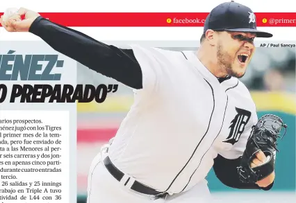  ?? AP / Paul Sancya ?? DE VUELTA. El puertorriq­ueño Joe Jiménez regresó esta semana al equipo grande con los Tigres, luego de un buen desempeño en la filial Triple A.