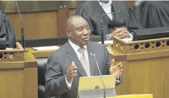  ?? EPA-EFE ?? PRESIDENT Cyril Ramaphosa delivers the State of the Nation Address (Sona) in parliament, last Thursday. The Sona tables a programme of action for the year and accounts for progress made since the previous commitment­s. | ROGER BOSCH