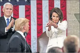  ?? [DOUG MILLS/THE NEW YORK TIMES] ?? As President Donald Trump turns to face her Tuesday night, House Speaker Nancy Pelosi delivers what one wag called a ‘‘walrus clap.’’