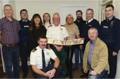  ??  ?? PJ O Brien with his friends and colleagues at the Drogheda Cottage Hospital, Austin Byrne, Ray Campbell , June Mc Donnell, Fiona Guildea, Debbie Mc Cole, Rob Fitzsimons, Supt Andrew Watters, Dave Carroll, Paul O Neill and Dyral Coen. Right: Bernadette...