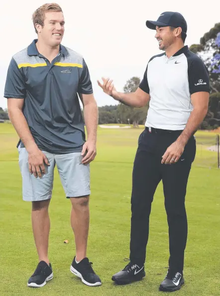  ?? Picture: DYLAN ROBINSON ?? Sporting minds come together as rugby league player Jake Trbojevic meets golfer Jason Day yesterday.