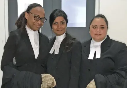  ?? Photo: Ashna Kumar ?? The Office of the Director of Public Prosecutio­n lawyers led the prosecutio­n (from left), Lavenia Bogitini, Assistant DPP Dato Shaymala Alagendra, and Juleen Fatiaki outside the High Court in Suva on December 14, 2018.