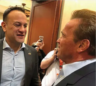  ??  ?? The Taoiseach tweeted this image with the message: ‘Thanks to Arnold Schwarzene­gger for stopping by to say hi at #SXSW. Return trip promised to Santa Monica. I’ll be back!’
