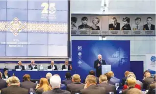  ??  ?? MINSK: Belarus’ President Alexander Lukashenko, foreground on a podium, speaks at the European Olympic Committees General Assembly in Minsk, Belarus, yesterday. The president of Belarus says his country is ready to host the 2019 European Games. — AP