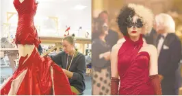  ?? LAURIE SPARHAM/AP ?? A seamstress working on a costume for the film “Cruella,” left, and Emma Stone wearing the costume in a scene from the film. Costumes were designed by Oscar-winning designer Jenny Beavan.
