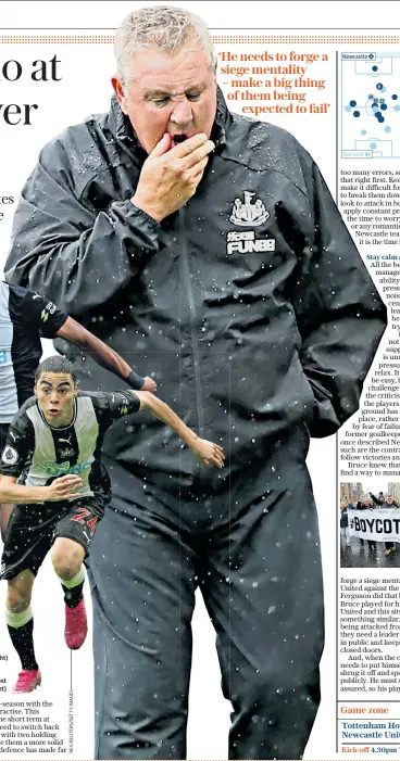  ??  ?? Pressure: (left to right) Joelinton, Miguel Almiron and Steve Bruce; protest against Mike Ashley (far right) Stay calm and carry on Sky Sports