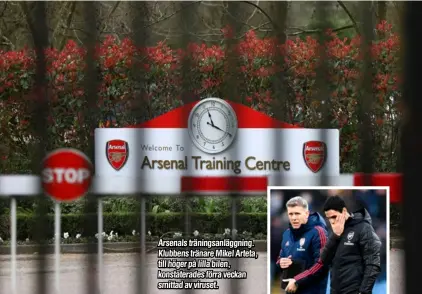  ??  ?? Arsenals träningsan­läggning. Klubbens tränare Mikel Arteta, till höger på lilla bilen, konstatera­des förra veckan smittad av viruset.