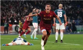  ?? Photograph: Alessandra Tarantino/AP ?? Paulo Dybala celebrates after his late goal denied Feyenoord victory and forced extra time in Rome.