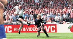  ??  ?? EURO VISION Paul Gascoigne volleys home against Scotland at
Euro 96 — a big-game player who Jack Grealish could soon emulate