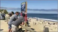  ?? SUSAN HAIGH — THE ASSOCIATED PRESS ?? People look out at the shore after a reported shark attack at Newcomb Hollow Beach in Wellfleet, Mass, on Saturday. A man boogie boarding off the Cape Cod beach was attacked by a shark on Saturday and died later at a hospital, becoming the state’s first shark attack fatality in more than 80 years.