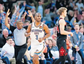  ?? [NATE BILLINGS/ THE OKLAHOMAN] ?? Chris Paul (3) and the Thunder enter play Thursday in seventh place in the Western Conference at 15-14.