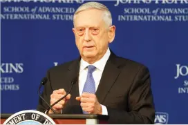  ??  ?? US Defense Secretary James Mattis speaks about the National Defense Review in Washington on Friday. (AP)