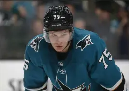  ?? NHAT V. MEYER — BAY AREA NEWS GROUP ?? San Jose Sharks' Danil Yurtaykin waits for a face-off against the Vegas Golden Knights during a game in 2019.